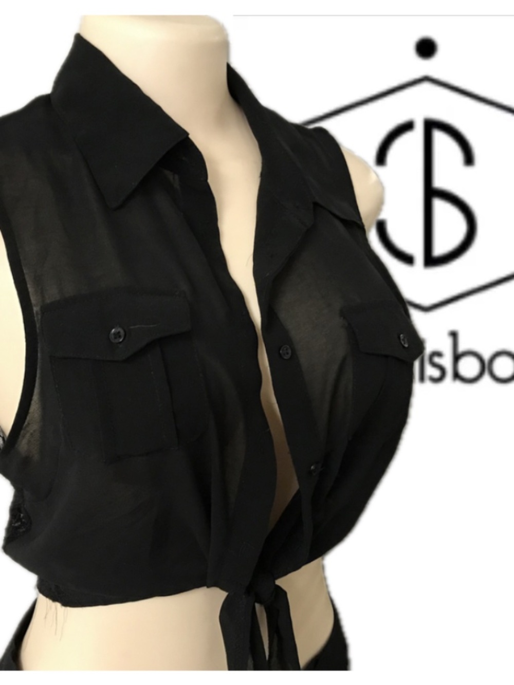 Crop lace chiffon like button tie down top, M